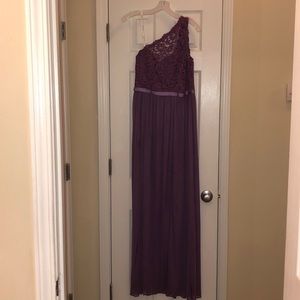 David’s Bridal lace one shoulder bridesmaid dress